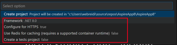 Screenshot showing the create project configuration options for a .NET Aspire Starter Project