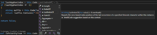 Screen shot showing a grey text completion of LastIndexOf('-') for the code int lastHyphenIndex = this.Code.