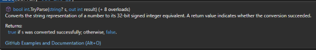 Shows a tool tip for the method int.TryParse with a hyper link that links to GitHub Examples and Documentation.
