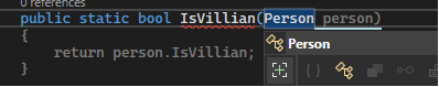 Shows IsVillian which takes a Person and the Copilot completion suggesting returning the person.IsVillian property.